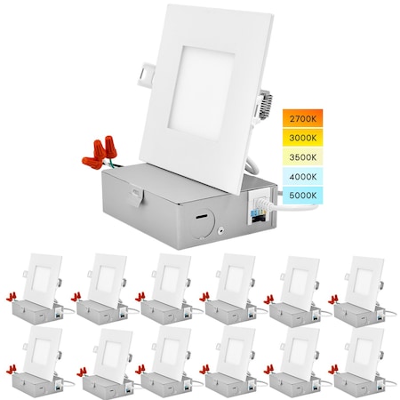 Luxrite 4" Square Ultra Thin LED Recessed Downlights 5 CCT Selectable 2700K-5000K 10W 700LM Dimmable 12-Pack LR23759-12PK